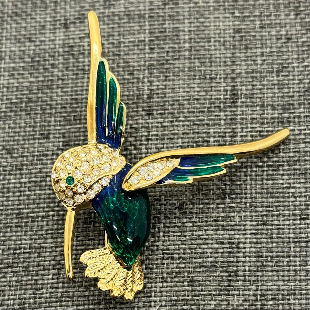 Vintage Hummingbird Brooch Pin Rhinestone Gold Blue Green Enamel Signed Roman